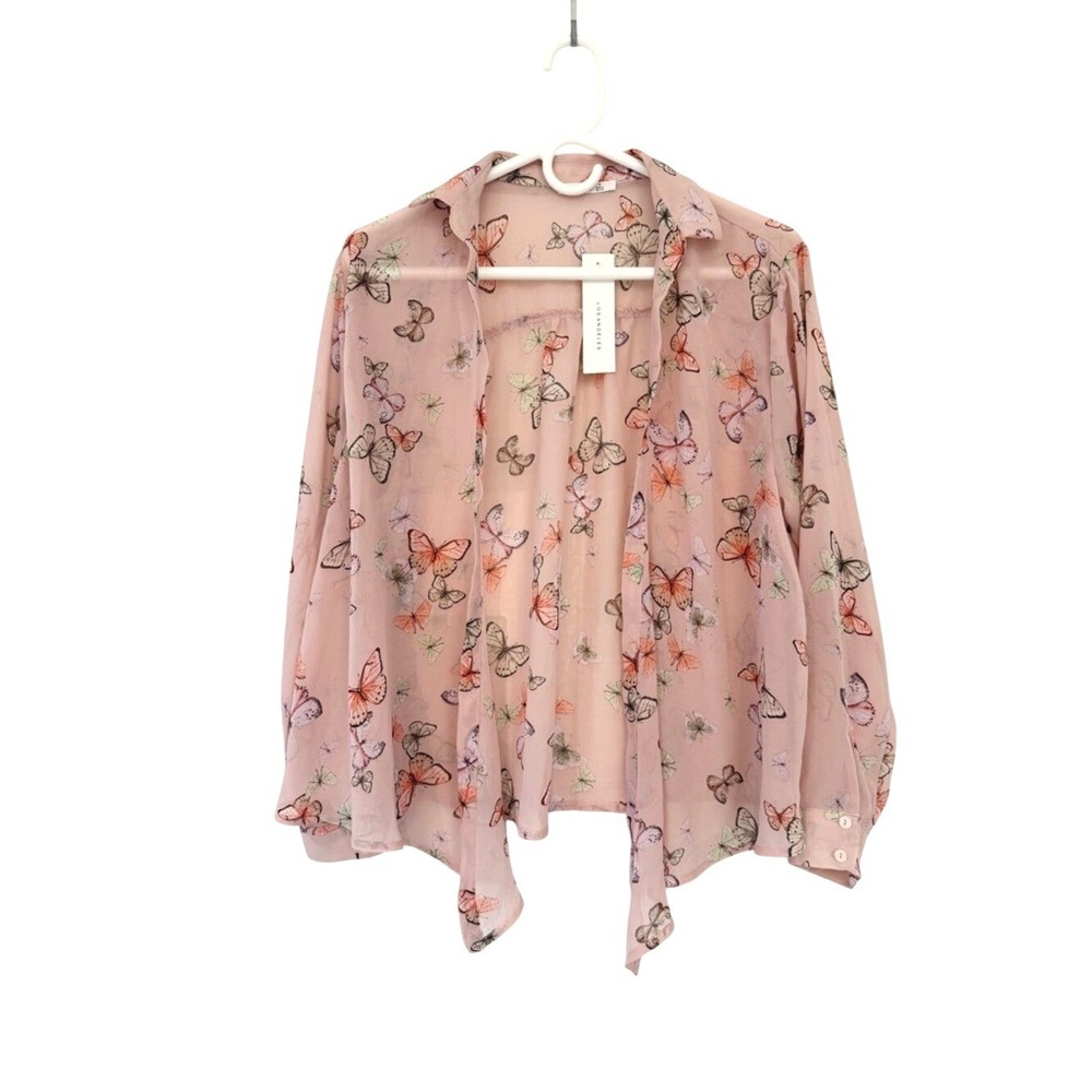 Sheer Pink Butterfly Print Women's Open Blouse